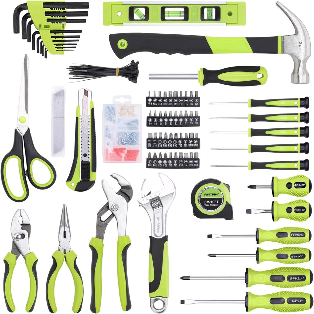 FASTPRO 220-Piece Home Tool Set, Household Repairing Tool Kit, with 12-Inch Wide Mouth Open Storage Tool Bag, Green