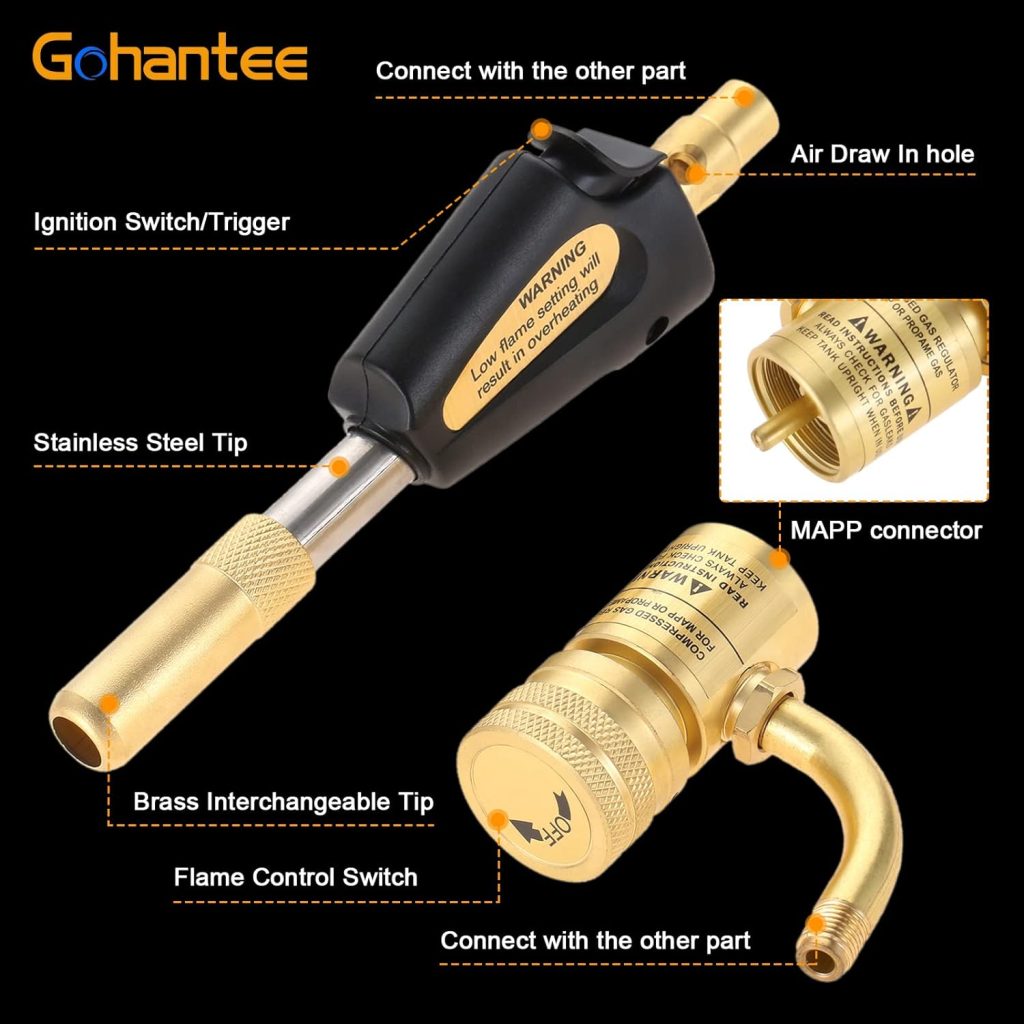 gohantee Propane MAPP Gas Turbo Torch Tips with Self Ignition Trigger Adjustable Regulator Torch Compatible with MAPP MAP Pro Propane CGA600 Cylinder for Welding, HVAC, Brazing, Barbecue or Plumbing