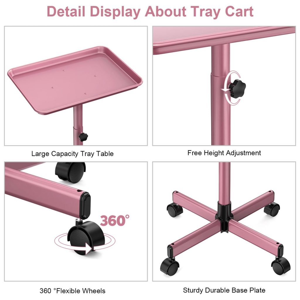 JOSTZHXIN Salon Tray,Premium Aluminum Tattoo Tray,Hair Color Tray with Wheels,Hairstylist Rolling Tray,Rolling Tray Trolley,Height Adjustable Salon SPA Service Tray