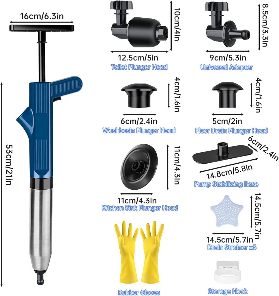 NiHome 120 PSI High Pressure Air Toilet Plunger with Built-In Gauge Full Kit, Robust Stainless Steel  ABS Construction with Multi-Head  Ergonomic Handle to Tackle Tough Blockages on Various Drains