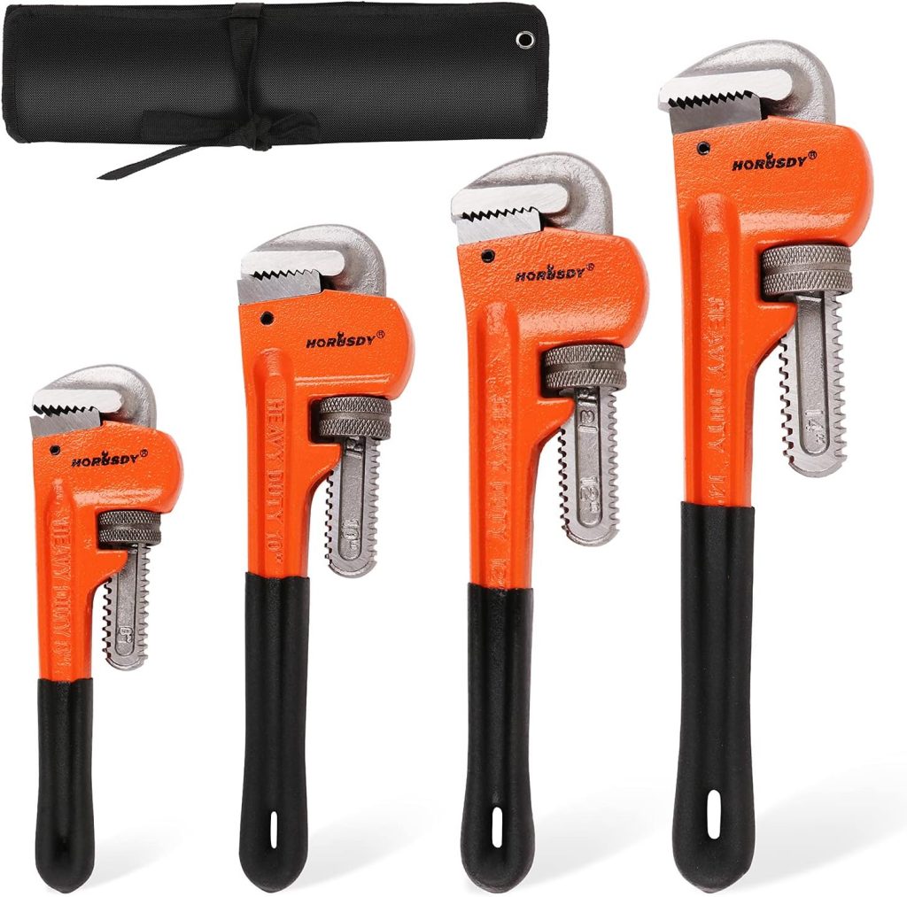 HORUSDY 4 Pack Heavy Duty Pipe Wrench Set, Adjustable 8 10 12 14 Soft Grip Plumbing Wrench Set with Storage Bag