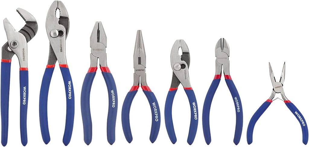 Workpro 7-piece Pliers Set (8-inch Groove Joint Plier, 6-inch Long Nose, 6-inch Slip Joint, 4-1/2 Inch Long Nose, 6-inch Diagonal, 7-inch Linesman, 8-inch Slip Joint) for DIY  Home Use