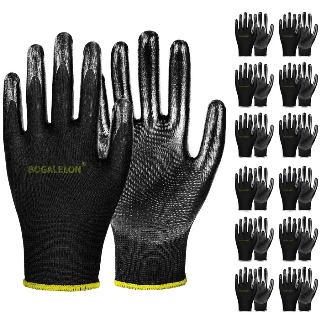 Bogalelon Safety Work Gloves,6 pairs,With Nitrile Coated Palms for Excellent Grip and Protection, Ideal for General Work. Black, Large.