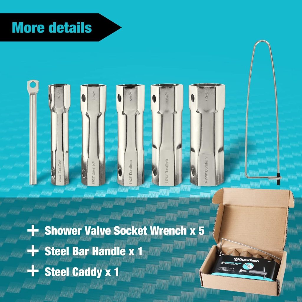 DURATECH Shower Valve Socket Wrench Set with Bar Handle for Removing Tub  Shower Valve，5-Piece, includes 21/32”x 27/32”, 29/32”x 31/32”, 1-1/32” x1-3/32”, 1-5/32”x1-9/32”, 1-11/32”x 1-7/16”