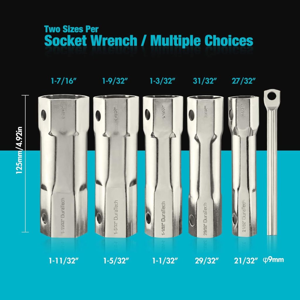 DURATECH Shower Valve Socket Wrench Set with Bar Handle for Removing Tub  Shower Valve，5-Piece, includes 21/32”x 27/32”, 29/32”x 31/32”, 1-1/32” x1-3/32”, 1-5/32”x1-9/32”, 1-11/32”x 1-7/16”