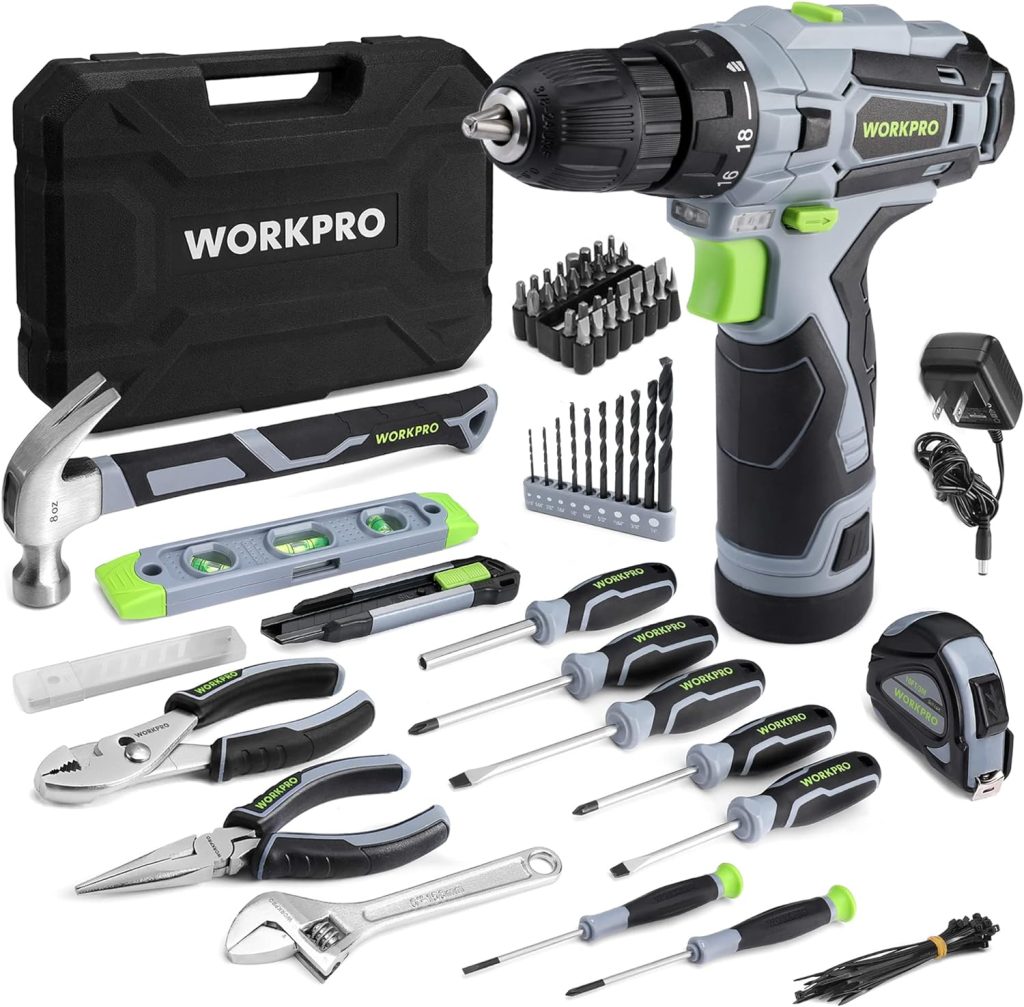 WORKPRO Home Tool Kit with Power Drill, 108PCS Power Home Tool Set with 12V 1.5 Ah Battery Powered Screwdriver and Tool Box, Electric Cordless Drill Set with Keyless Chuck and Variable Speed Trigger