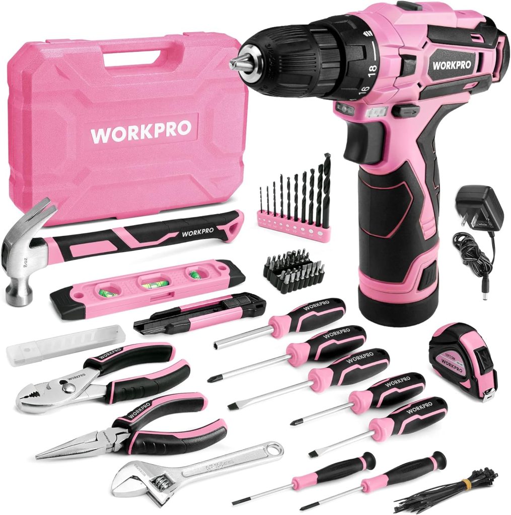 WORKPRO Home Tool Kit with Power Drill, 108PCS Power Home Tool Set with 12V 1.5 Ah Battery Powered Screwdriver and Tool Box, Electric Cordless Drill Set with Keyless Chuck and Variable Speed Trigger